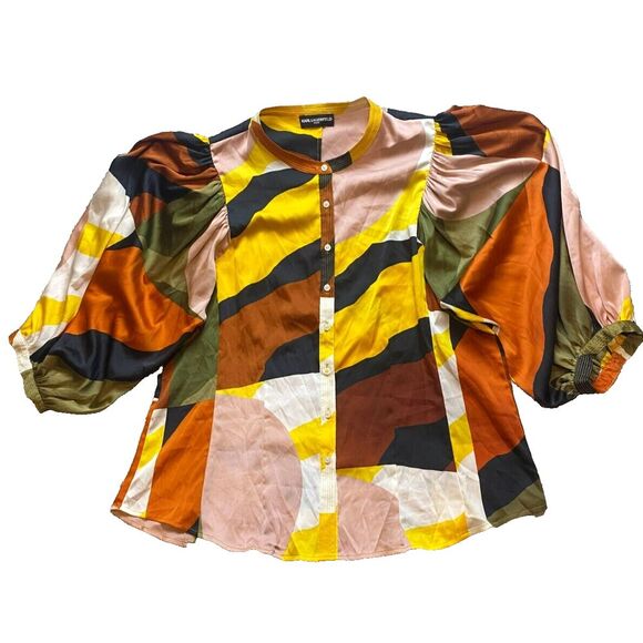 Karl Lagerfeld Shirt Womens‎ 2X Multicolor Geometric Button Up Blouse Paris Plus - Picture 1 of 9